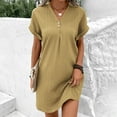 thumbnail image 3 of NXMZXB Summer Dresses for Women 2025 Casual Button V Neck Roll up Short Sleeve Tunics Beach Sundress Trendy A Line Ribbed Mini Work T Shirt Dress Khaki L, 3 of 10