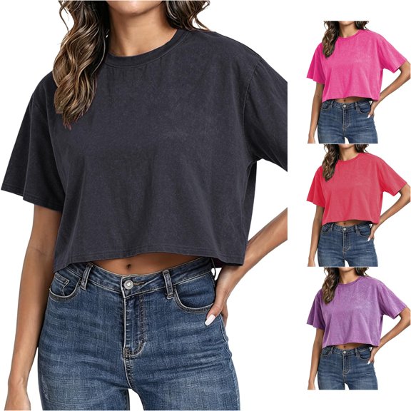 WEIGFI Womens T-Shirts Cotton Loose Fit Workout Cropped Tops Yoga Running Crew Neck Short Sleeve Lightweight Clothes Solid Color Trendy Relaxed Beach Daily Wear,Black,L