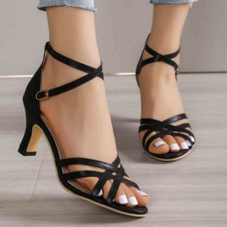 

XIAQUJ European and American Summer Fashion High Heel Foreign Trade Large Size Crossstrap Sandals Sandals for Women Black 7(38)