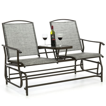 Best Choice Products 2-Person Outdoor Mesh Patio Double Glider with Tempered Glass Attached Table, Gray