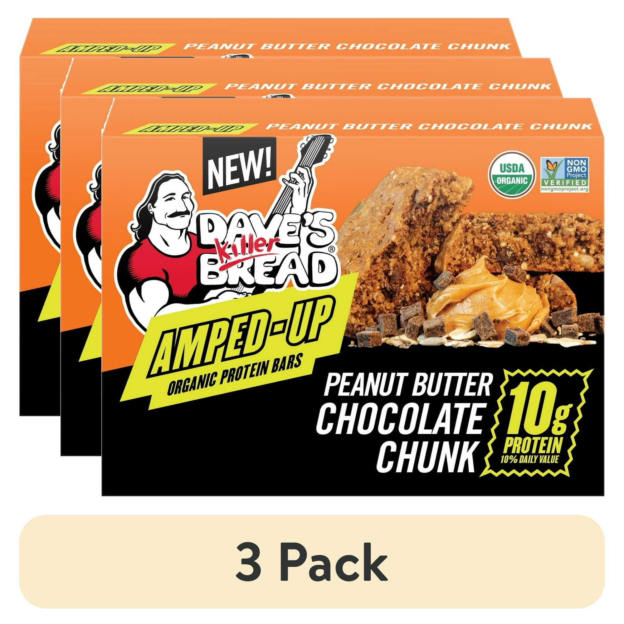(3 pack) Dave's Killer Bread Amped-Up Peanut Butter Chocolate Chunk Organic Protein Bars, 4 Count