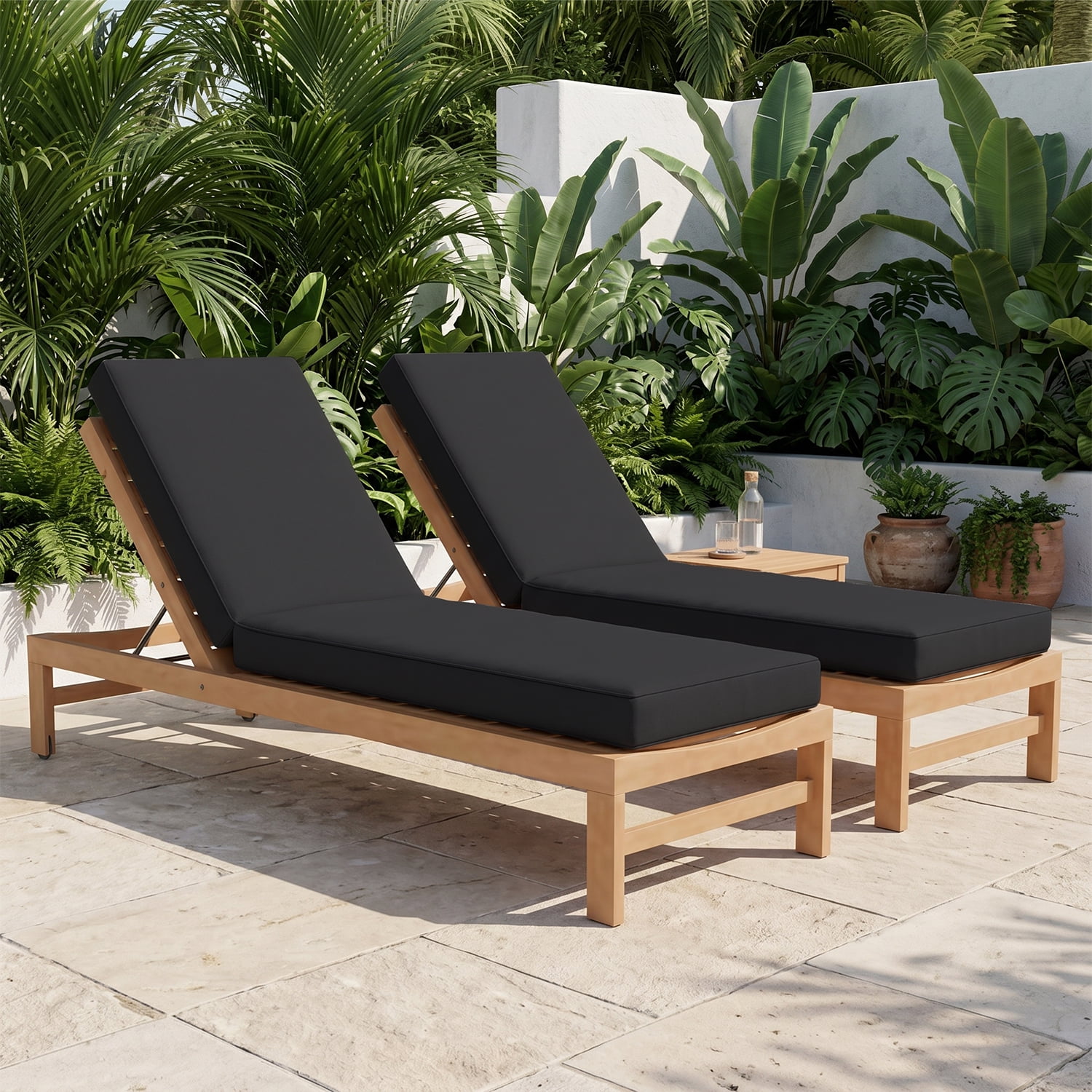 BaPiPro Black 2-Pack Outdoor Chaise Lounge Cushions, Waterproof Patio Lounge Chair Pad with High-Density Foam, Removable Cover & Secure Ties for Poolside, Garden & Patio