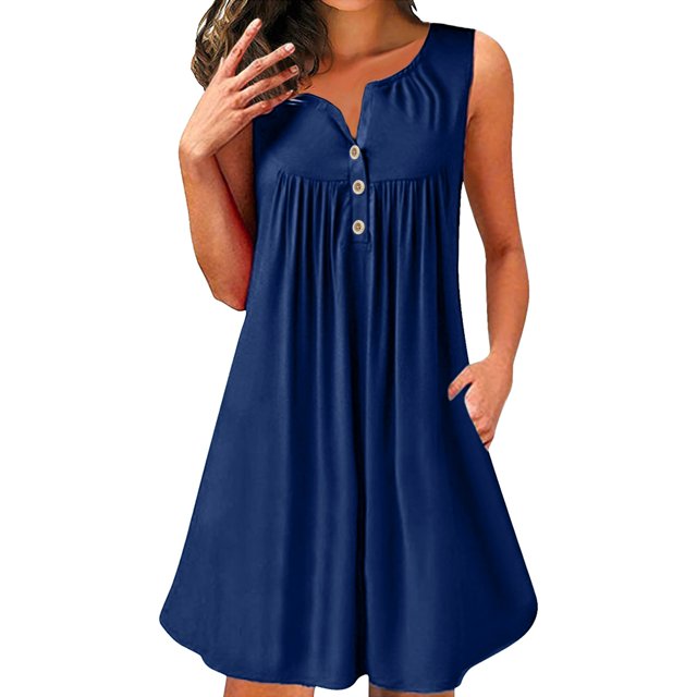 B91xZ Robe Maxi Grande Taille pour Femmes Col en V Sans Manches Été Surdimensionnée une Pièce Robe Mini Tendance pour Femmes, Marine TG