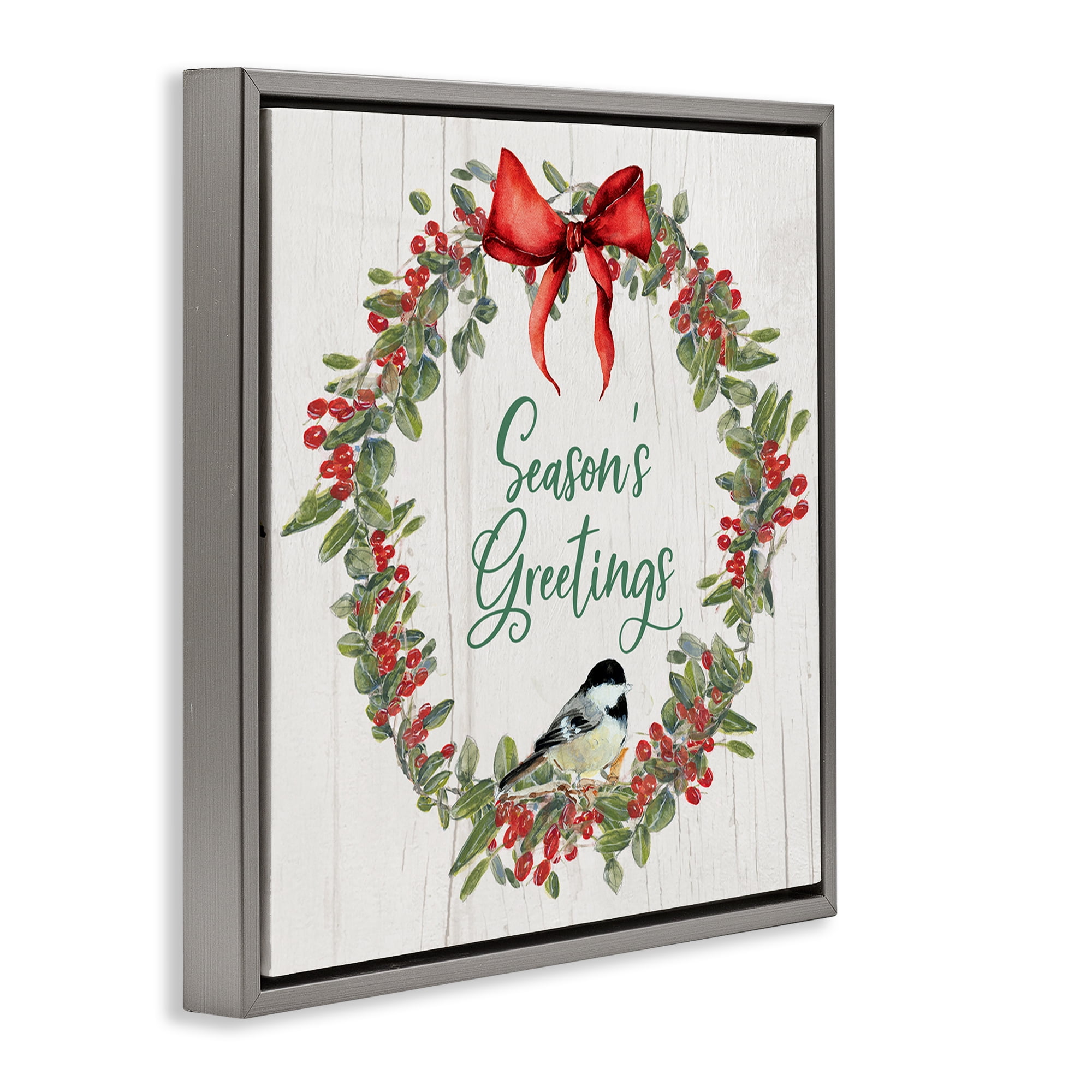 Stupell Industries Season's Greetings Wreath Holiday Painting Gray Floater Framed Canvas Art Prints Wall Art, 25 x 25