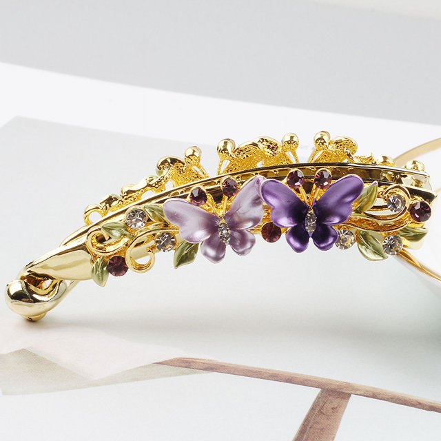 Pinza para el cabello de diseño moderno para mujer, pinza para el cabello de aleación de mariposa con diamantes de imitación de verano para mujer, pinza para el cabello con doble mariposa pintada al