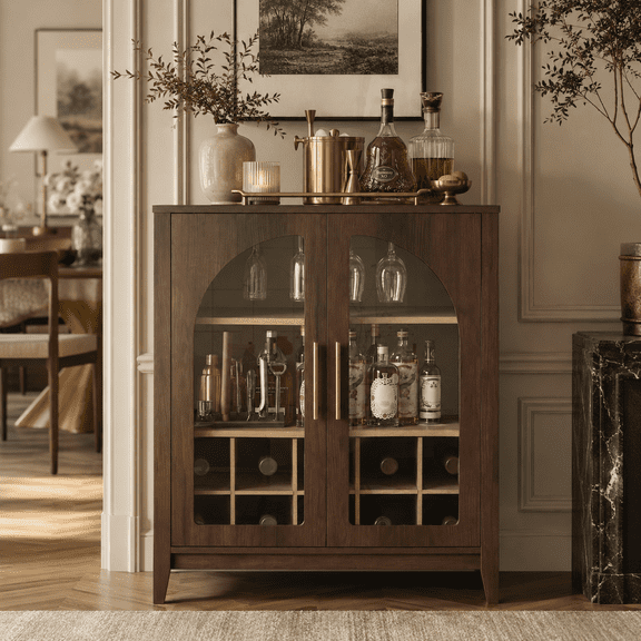 Wetalus Freestanding Mid-Century Modern Wine Bar Cabinet with Glass Doors, Walnut, 2 Doors