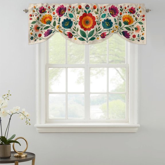 Tie Up Valance Curtain for Kitchen,Red Sunflowers Blue Blossoms Rod Pocket Short Curtains Adjustable Shade Valances,Green Leaves on Retro Linen Window Treatment for Bathroom Living Room Bedroom