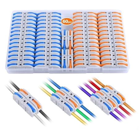 60-Piece Quick Connect Wire Connectors, Electrical Splicing Kit for Compact Inline Terminals - 28-12 AWG, Lever-Action, Insulated