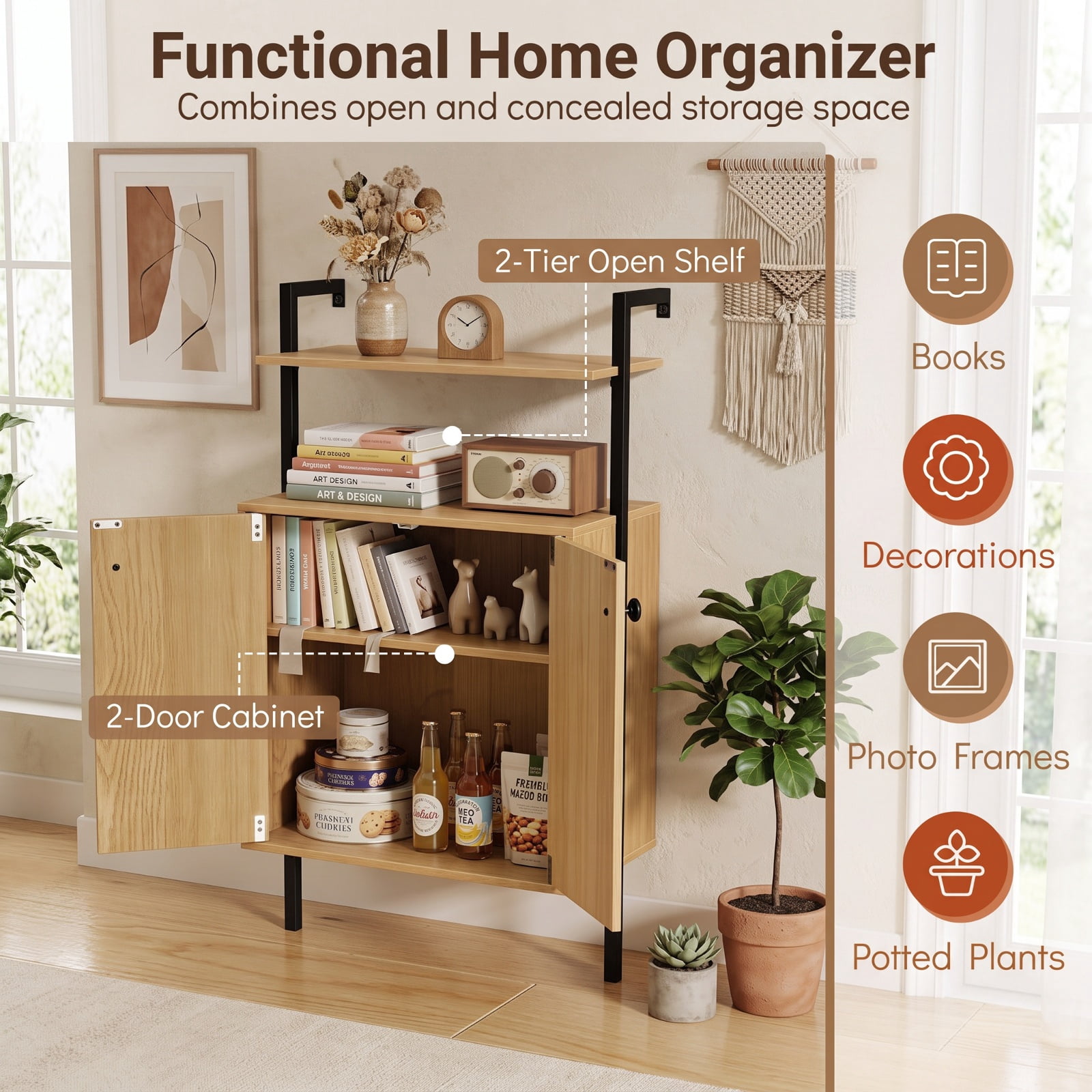 Furnibear 2-Door Wall Mount Bookshelf with Storage Cabinet for Living Room Home Office Bedroom Display Storage Shelf, Natural
