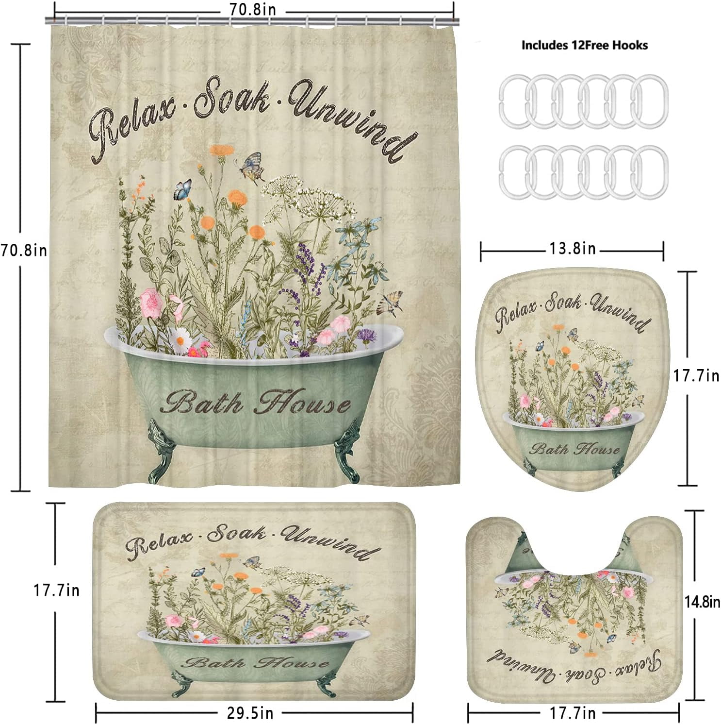 4 Pcs Floral Shower Curtain Flowers Leaves Bathroom Sets with Shower Curtain and Rugs Vintage Farmhouse Bathroom Decor Country Bathtub on Rustic Wood Backdrop Bathroom Rugs Mat Toilet Lid Cover