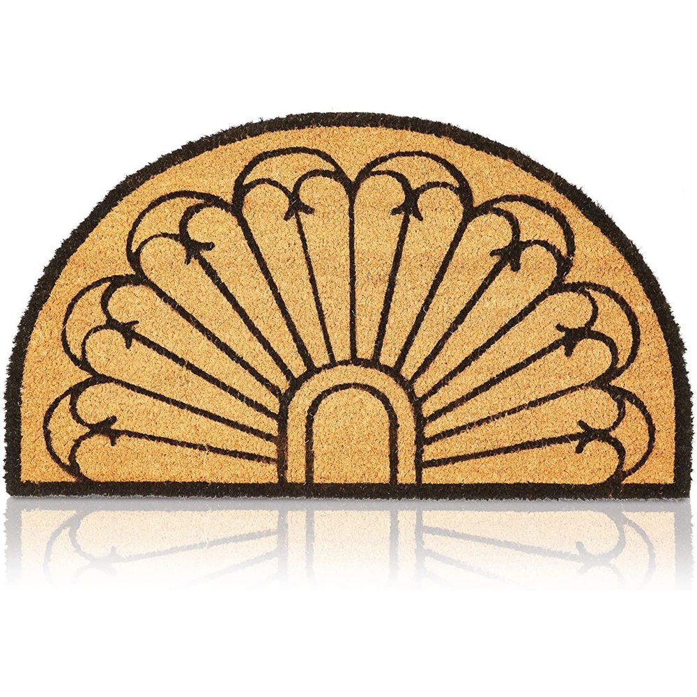 Black Pattern Half Round Natural Coir Door Mat 17"x30" Front