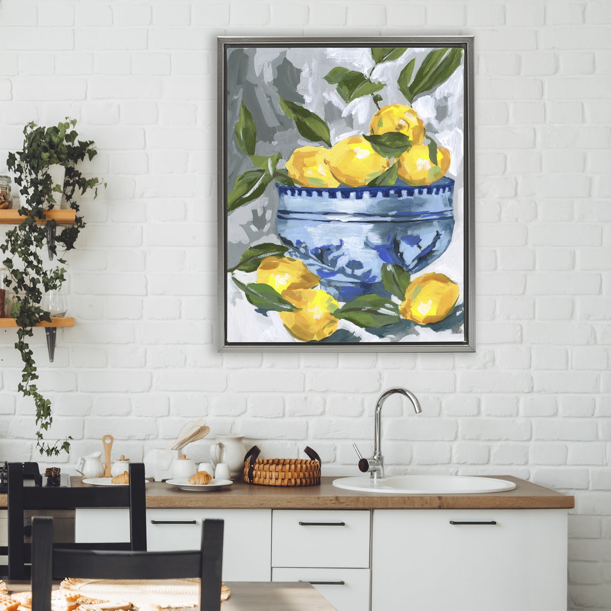 Stupell Industries Indigo & Lemon Bowl Gray Framed Floater Canvas Wall Art, design by Melissa Wang
