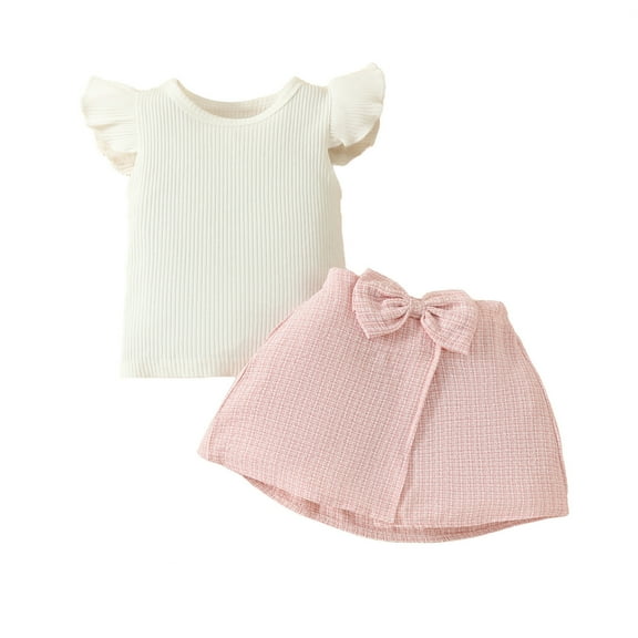 Odeerbi Infant Girls Skirt Outfits Summer Clothes Fashion Cotton Round Neck Ruffle Sleeve Top Bowknot Short Skirt Set Sleeveless Top 2 PCS Set 3 Months-3 Years Pink