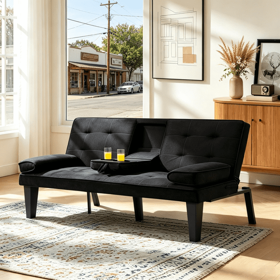 Gewnee 65”Futon Sofa Bed,Modern Convertible Futon Couch with 2 Cup Holders,Removable Armrests,Loveseat Sleeper Sofa Bed for Living Room,Apartment(Black)