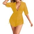 thumbnail image 3 of AHTJRT Swim Dress for Women Deep V Neck Sheer Mesh Short Sleeve Dresses Summer Beach Tummy Control Breathable One Piece Swimsuit Yellow L, 3 of 5