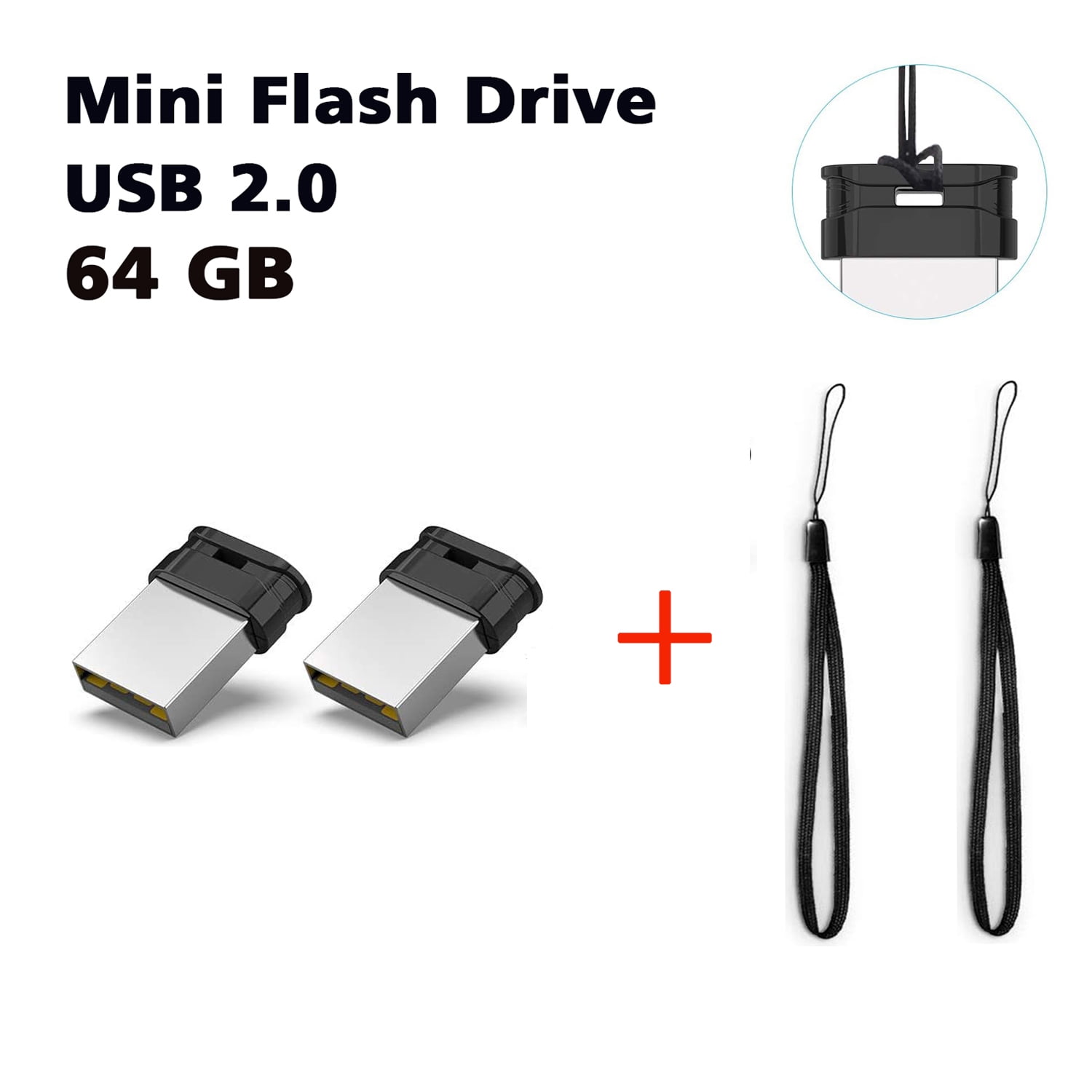 KEXIN 64GB Mini Flash Drive with Lanyard, USB 2.0, Black, 2 pack