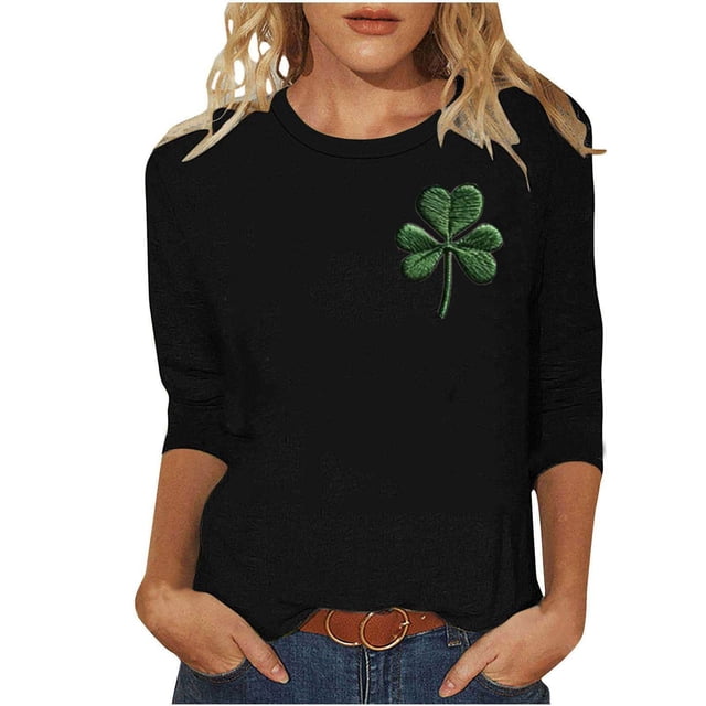 FAIWAD Hauts Grande Taille pour Femmes St. Patrick's Manches 3/4 Col Rond Trèfle Graphique Pull Ample Vêtements de Festival Quotidien