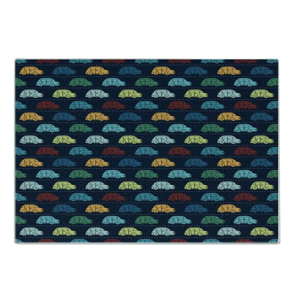 Cars Cutting Board, Mini Vintage Vehicles on the Road Driving Cars with Various Vibrant Colors, Decorative Tempered Glass Cutting and Serving Board, Small Size, Dark Blue Aqua Mustard, by Ambesonne