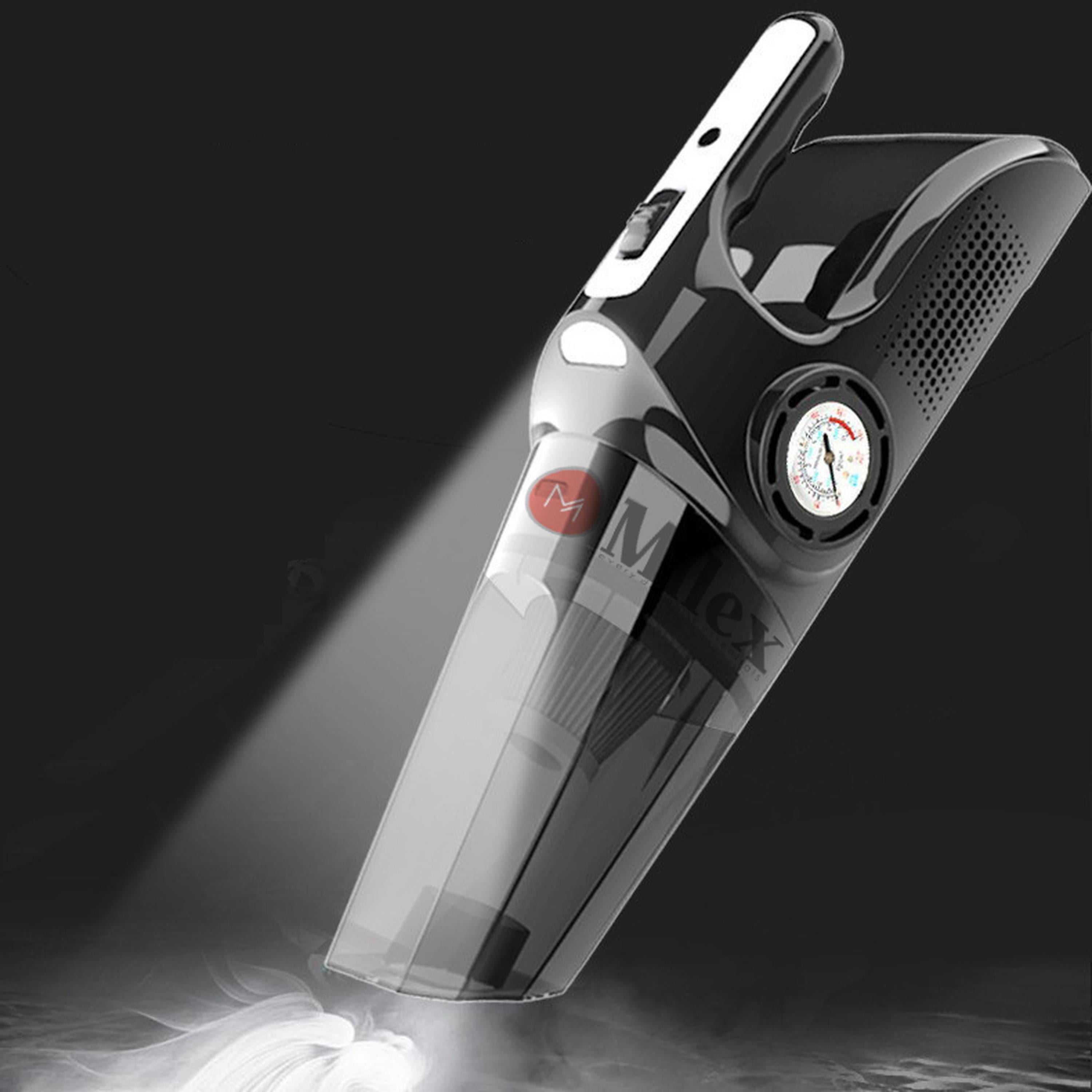Milex Air O Vac 5-in-1 Wet & Dry Car Vacuum, Tire Inflator, LED Emergency Light, LCD Display, Portable Multi-Function Auto Tool