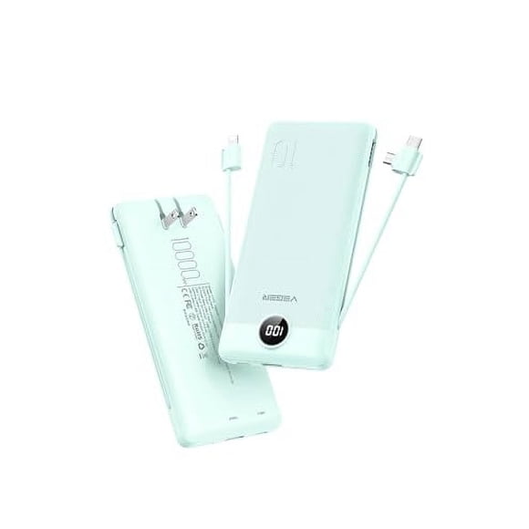 VEGER Cargador portátil para iPhone con cables incorporados y enchufe de pared, banco de energía USB C de carga rápida delgada de 10000 mah, paquete de batería esencial para viajes compatible con iPho