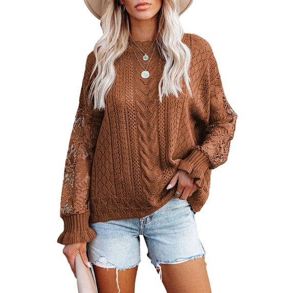 Asyoly Women Winter Lace Crochet Sweaters Long Sleeve Solid Color Hollow Out Crewneck Knit Pullover Sweater Comy Elegant Jumper Loose Tops