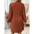 thumbnail image 3 of Large Size Women'S Wrap V Neck Bodycon Mini Dress Puff Long Sleeve Ruched Brown XXL, 3 of 7
