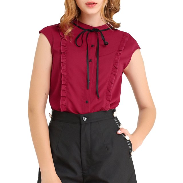INSPIRE CHIC Women's Tie Neck Cap Sleeve Button Down Ruffle Summer Shirt