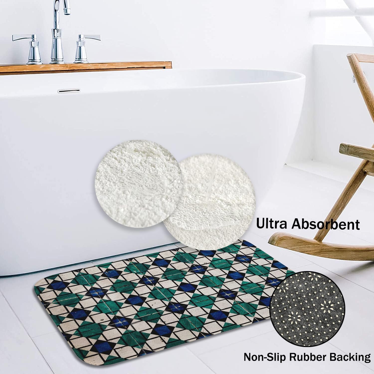 Geometric Diamond Tiles Bath Mat Non Slip Entrance Mat Doormat Dark Blue Green Geometry Neutral Bathroom Tub Rugs Extra Soft and Water Absorbent Door Mat Floor Mats 19.5x31.5 Inch