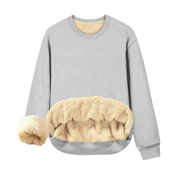 Qucoqpe - Camiseta de manga larga con cuello redondo para mujer, sudadera cálida de invierno con forro polar, blusa informal de color liso, blusa gris L