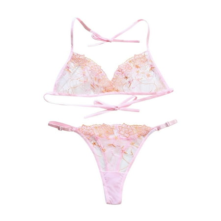 Pink Medium Women Lace Mesh Floral Lace Garter Lingerie Set Embroidery with French Style Lace Underwear Set Pale Lingerie Strap Bra Set