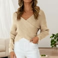 thumbnail image 4 of UJNDER Casual V Neck Long Sleeve Sweater for Women Wrap Front Off Shoulder Irregular Hem Knitted Short Pullover Beige One Size, 4 of 4