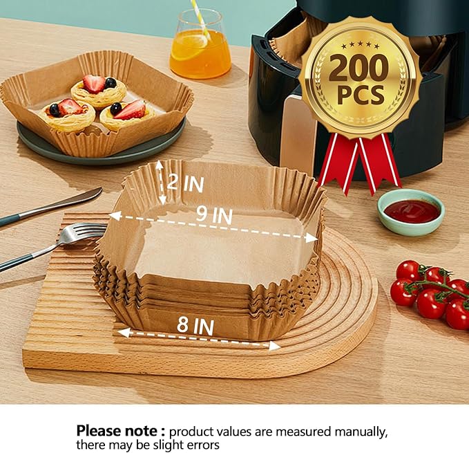 9 Inch Air Fryer Paper Liner Disposable, 200PCS Non-Stick, Oil-Proof & High-Temperature Resistant Square Baking Parchment for Fryer, Microwave and Oven（Bottom Is 8 Inch）