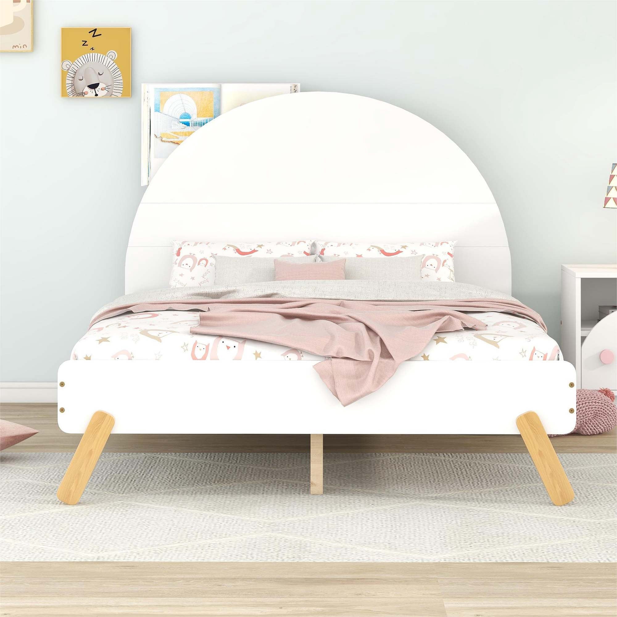 Aukfa Platform Bed for Kids, Full Size Bed Frame with Semi-circular Headboard, Wooden - White