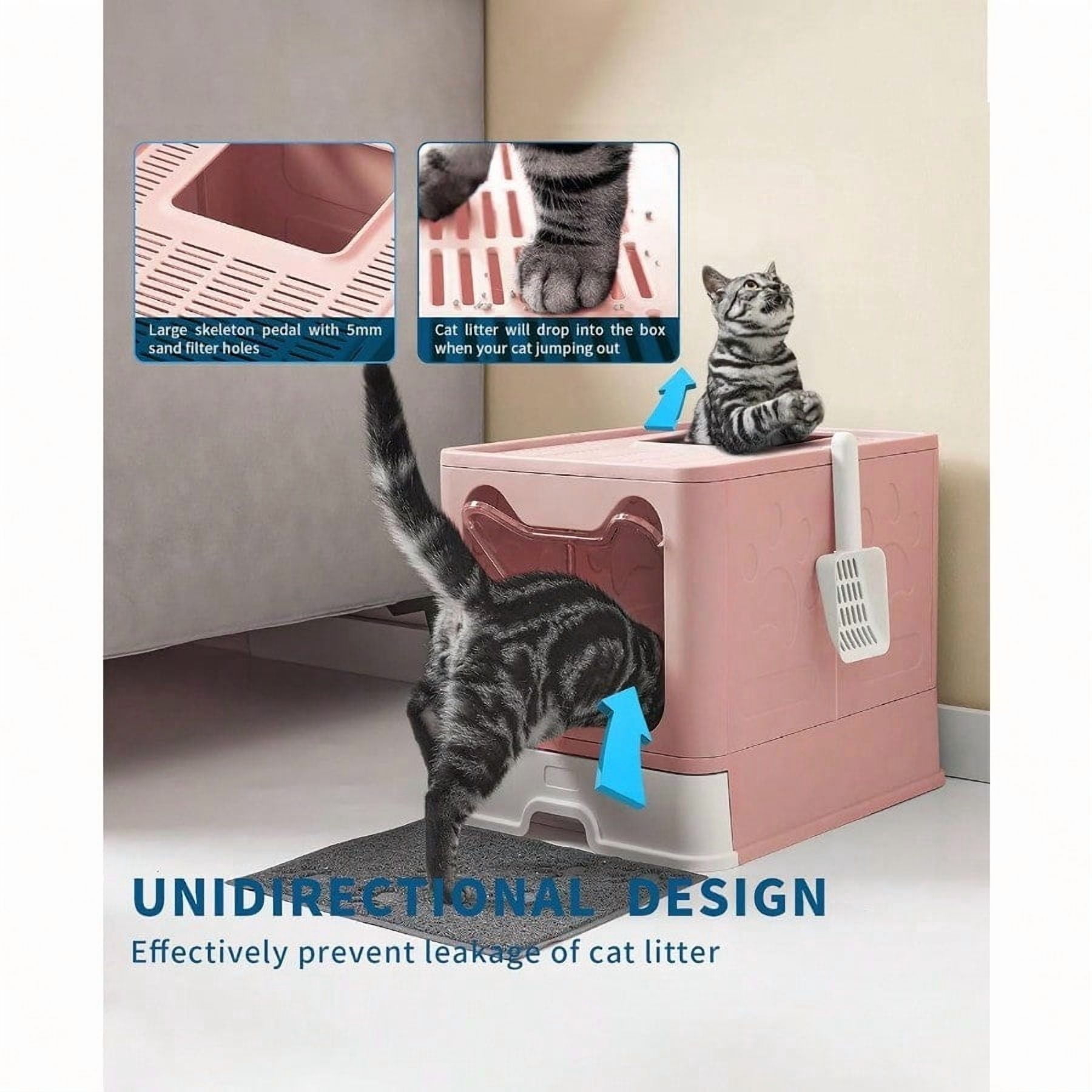 Cat Litter Box with Litter Mat and Scoop Large Foldable Litter Box with Lid Front Entry Top Exit Kitty Box Odor Control Easy to Clean Pink