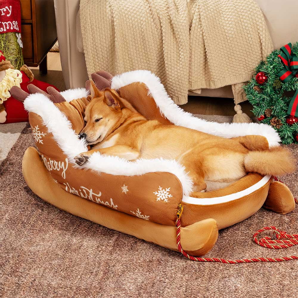 Santa Claus Sleigh Style Dog Bed, Christmas Paws Holiday Pet Bed with Non Slip Base, Calming Dogs Beds, Dogs Sleigh Beds Washable Long-Lasting