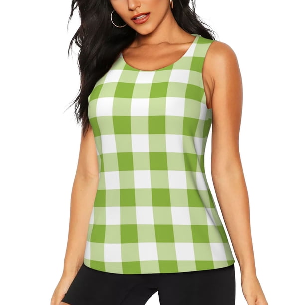 Fotbe White Green Plaid Blusas Sin Mangas para Mujer – Estilo Casual, Corte Suelto, Slim-Fit, Cuello Redondo Deportivo, Tops de Verano para Gimnasio y Yoga-Large