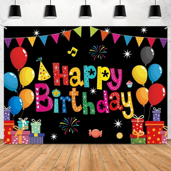 7x5FT Black Happy Birthday Backdrop Cartoon Style Background Banner for Kids Party Decorations Reusable Yard Sign for Boys & Girls Indoor Outdoor Banner Photo Booth Props