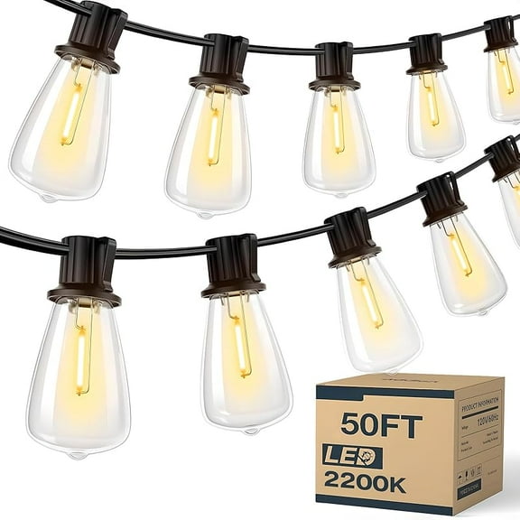 50FT Outdoor String Lights Patio Lights with 20 Shatterproof ST38 Vintage Edison Bulbs (2200K) Commercial Grade Patio Lights, Decorative for Garden or Patio, Black