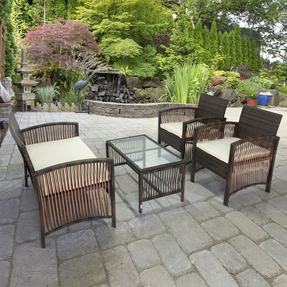 4 Pieces Wicker Patio Furniture Set, PE Rattan Outdoor Furniture Set, Patio Bistro Set with Glass Coffee Table, Outdoor Furniture Set for Garden, Backyard, Porch, Balcony, Poolside, JA2162