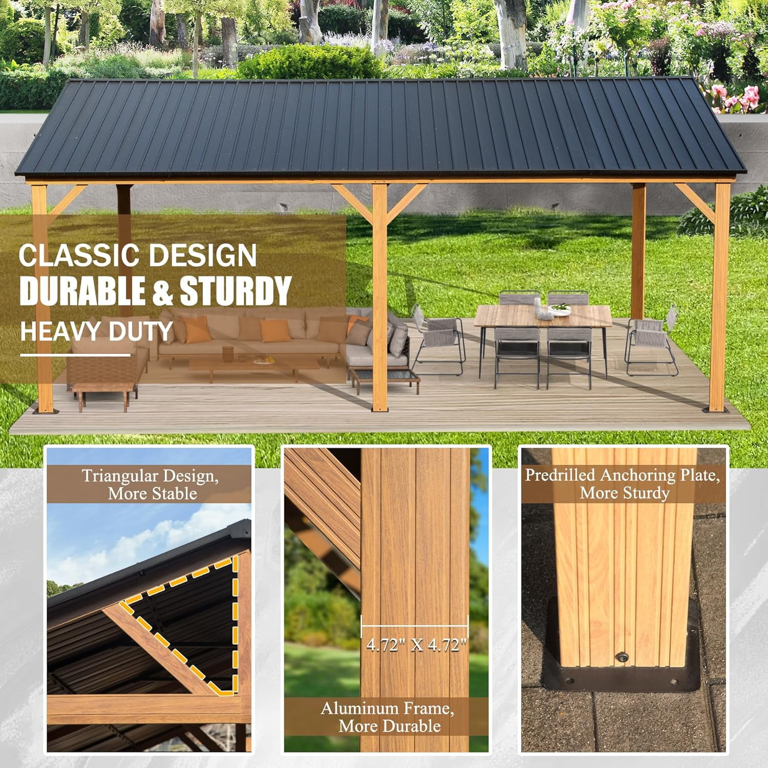 TOTAL 12' X 20' Hardtop Gazebo with Galvanized Steel Gable Roof and Wood Grain Aluminum Frame, Outdoor Permanent Gazebo Pavilion for Patio, Garden, Deck and Backyard