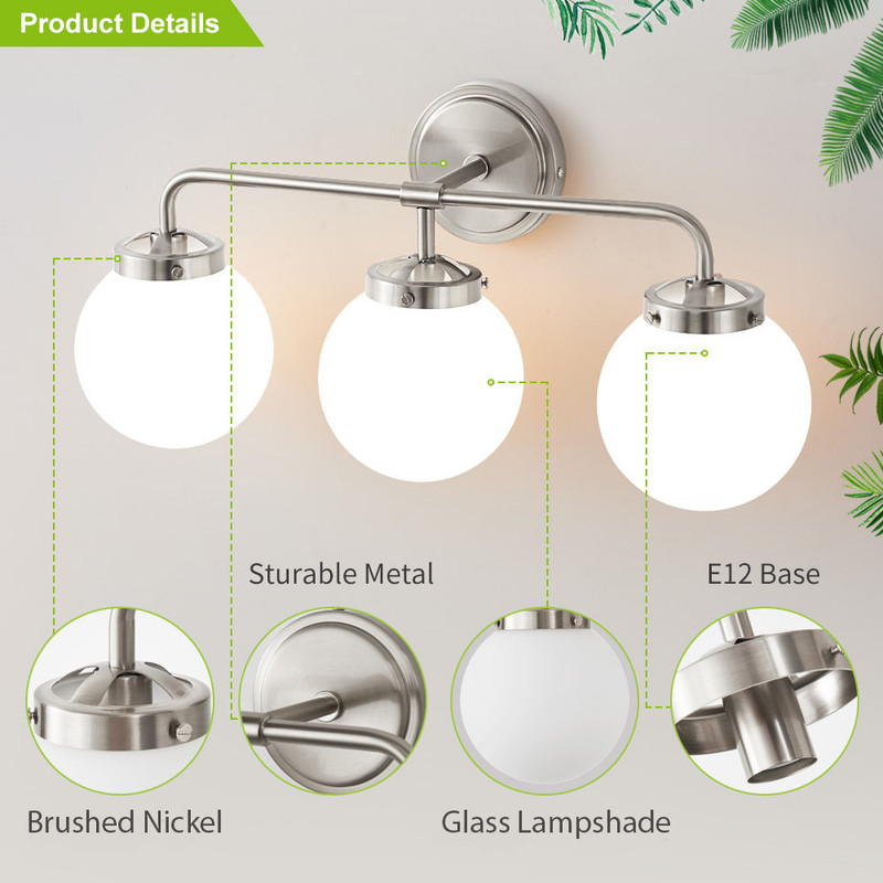 Deyidn 3 Light Pale Gold Bathroom Vanity Light with White Globe Glass Shade Modern Bathroom Wall E12 Bulb