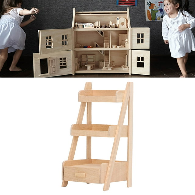 Miniature Wooden Flower Shelf, Safe 3 Layer Dollhouse Flower Shelf Exquisite Large Capacity Durable with Storage Drawer for Dollhouse Furniture Accessories