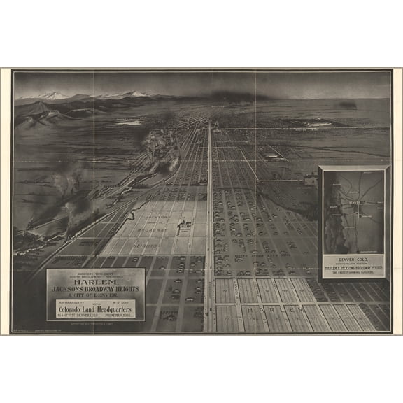 24"x36" Gallery Poster, birdseye map Harlem Broadway Heights Denver 1907
