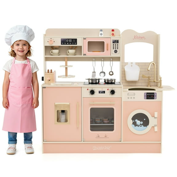 Gymax Cuisine de Jeu pour Enfants avec Cuisinières Lumière Son Robinet Four à Micro-Ondes Machine à Café Rose