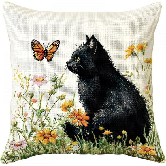 Needlepoint Pillow Kit Cartoon Black Cat and Butterfly DIY Latch Hook Kits Pillow Needlepoint Cushion Kit for Home Décor Needlework Set for Adult Beginners 17x17In