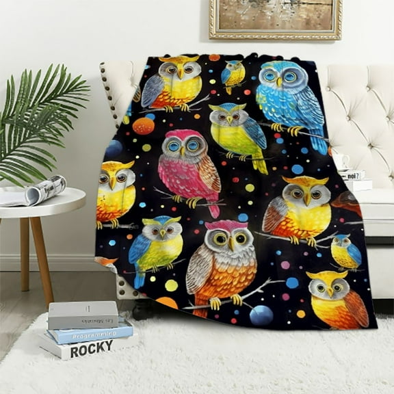 Qinduosi Owl Blanket Gifts for Women Kids Girls Mom Home Bedroom Living Room Colorful Owls Decor Soft Cozy Lightweight Throw Blankets Black