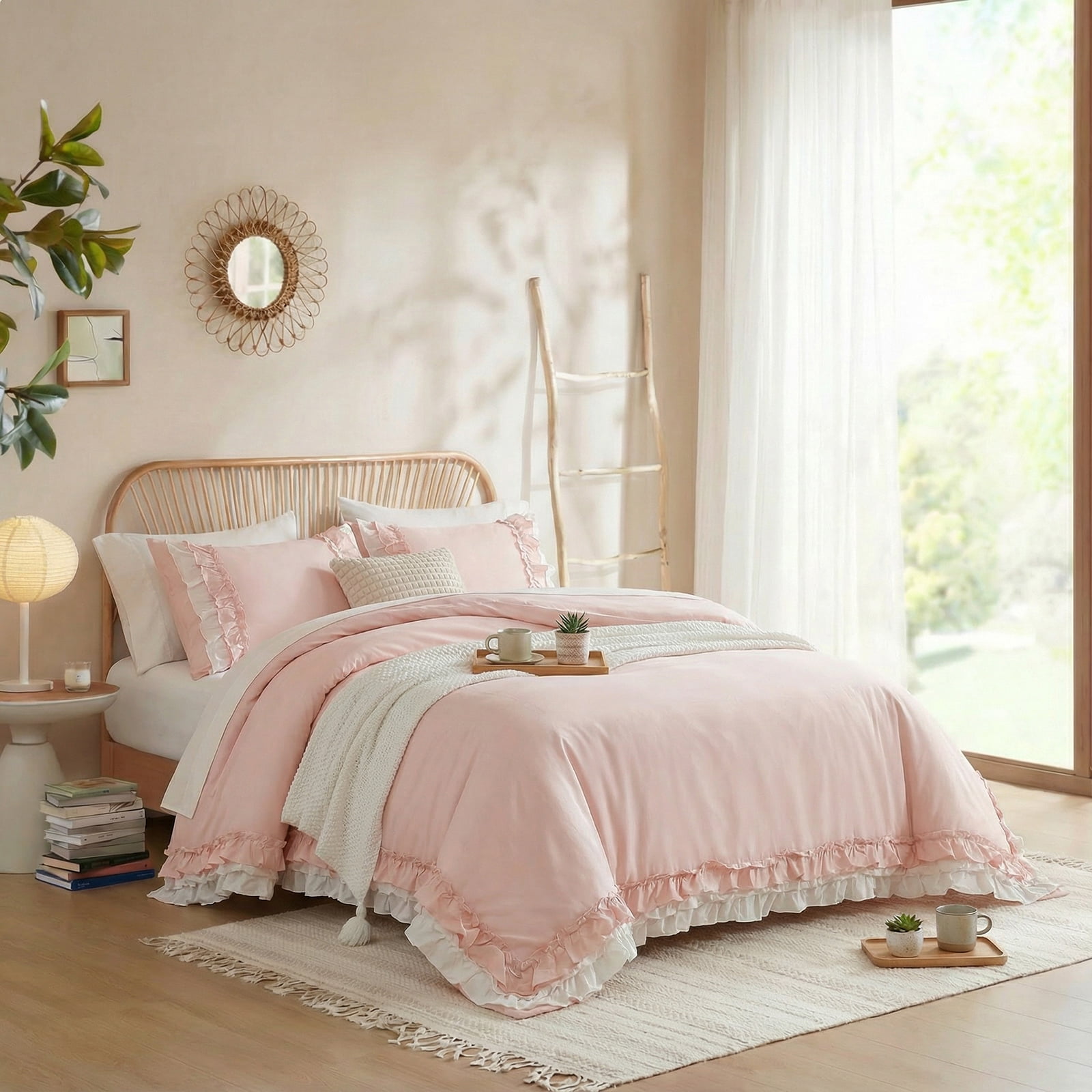 100% Cotton Ruffled Comforter Set Queen, White Shabby Chic Farmhouse Bedding Set French Country Cute Comforter Set