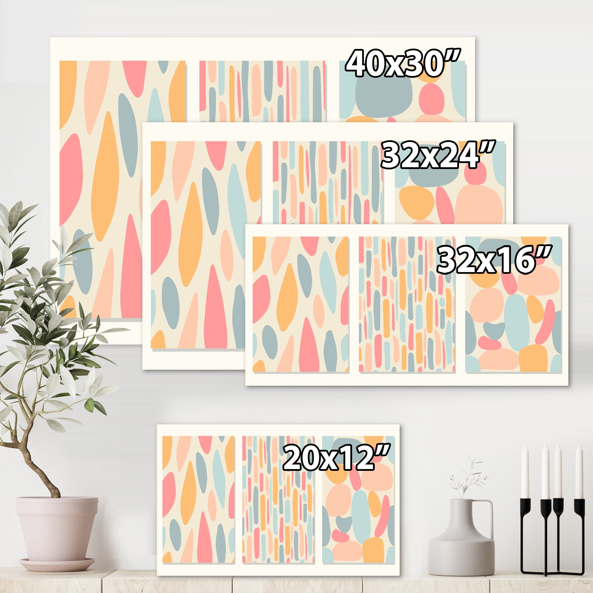Patchwork of Pastel Organic Shapes 32 in x 16 in Painting Canvas Art Print, by Designart
