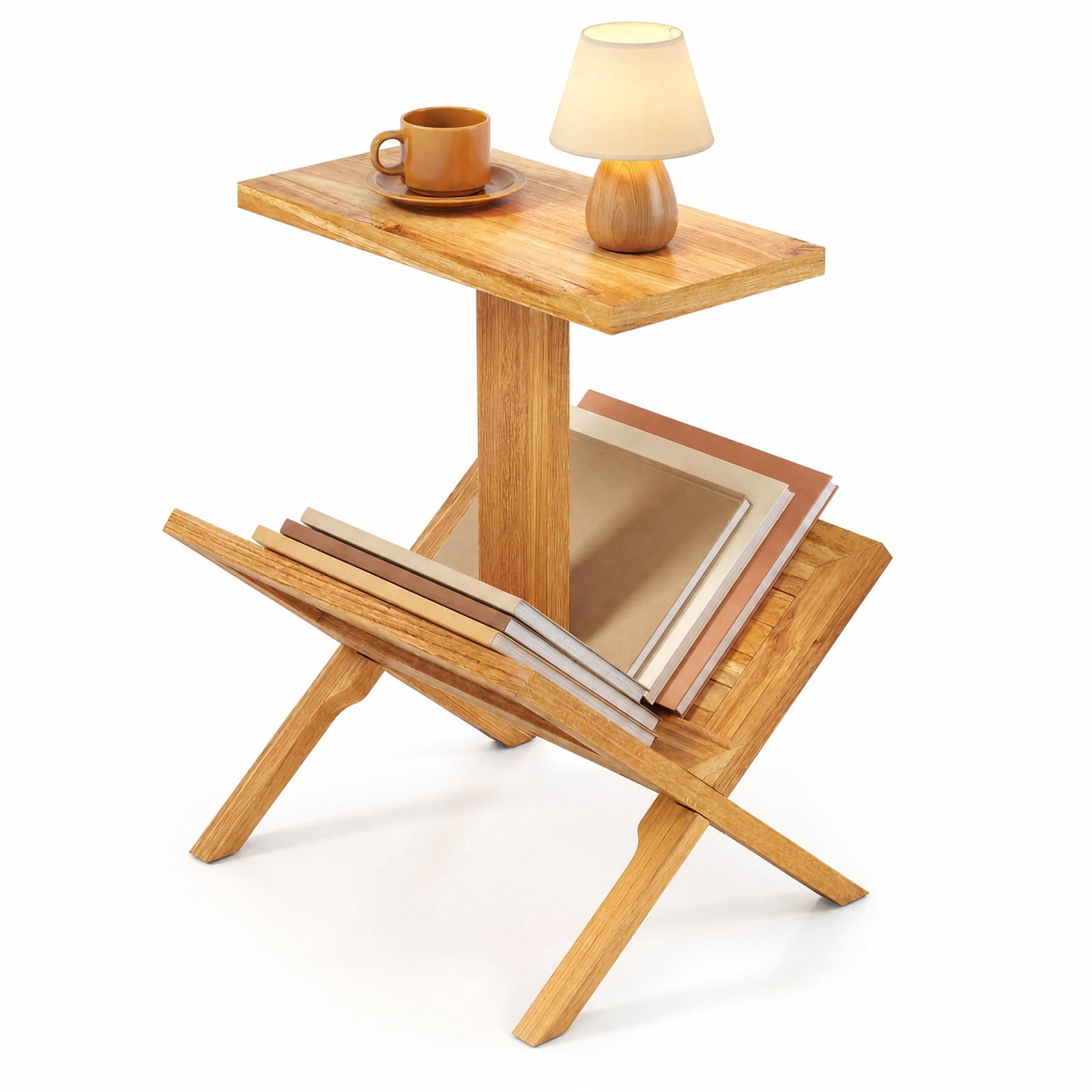 Furnibear 2 Tier Side Table with Magazine Rack and Solid Teak Wood Frame for Living Room Bedroom and Home Office Reading Nook, Natural