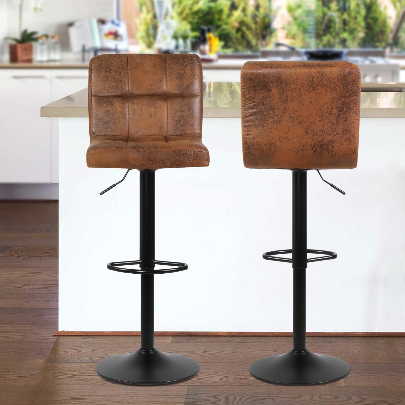 Deluxe Leathered Bar Stools Cushion Padded Square Seat Soft Cushion Swivel Adjustable with